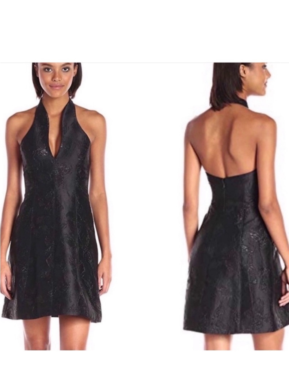 NWT Halston Black Jacard Halter A-Line Dress